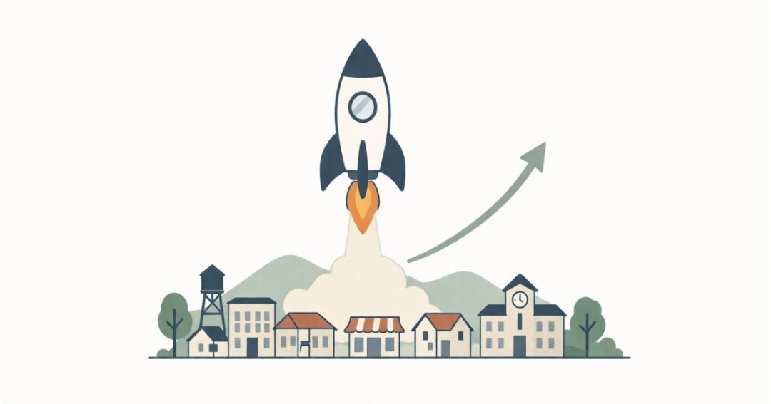 Minimal flat vector illustration of a rocket launching from a small-town setting with simple buildings and trees, symbolizing startup growth and entrepreneurial success from rural origins.