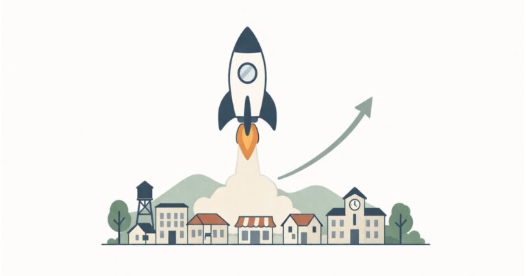 Minimal flat vector illustration of a rocket launching from a small-town setting with simple buildings and trees, symbolizing startup growth and entrepreneurial success from rural origins.