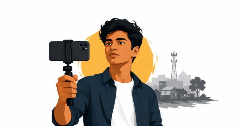 ChatGPTImageMay21202603 55 41P Minimal editorial-style illustration of a young Indian content creator recording videos on a smartphone, symbolizing the rise of small-town digital influencers in India.